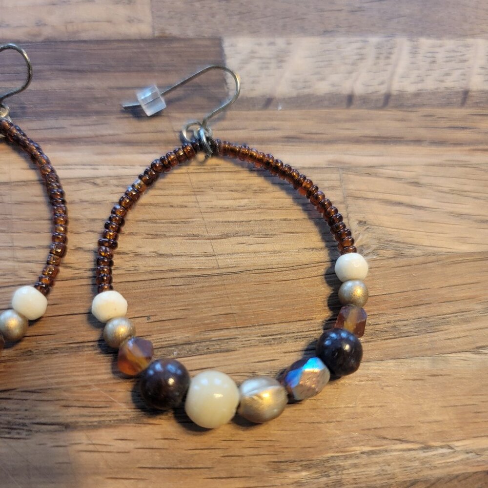 Boho Warm Brown Beaded Hoop Earrings - Picture 2 of 8